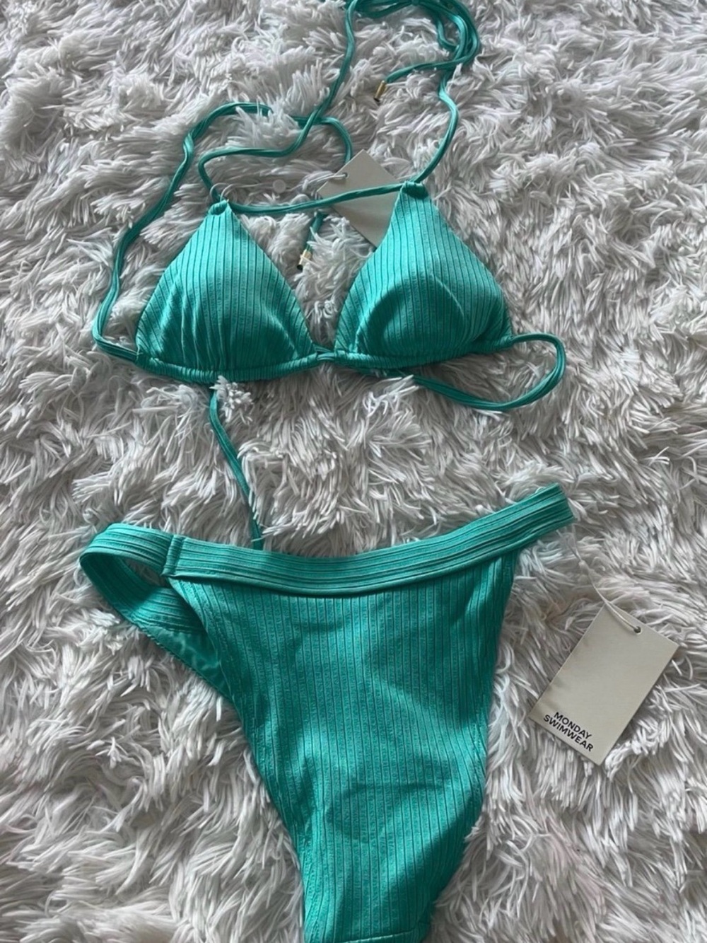 Monday Swimwear Teal Ribbed String Bikini Set